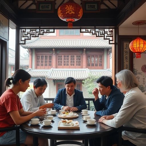 朋友们在广州茶肆中品茶