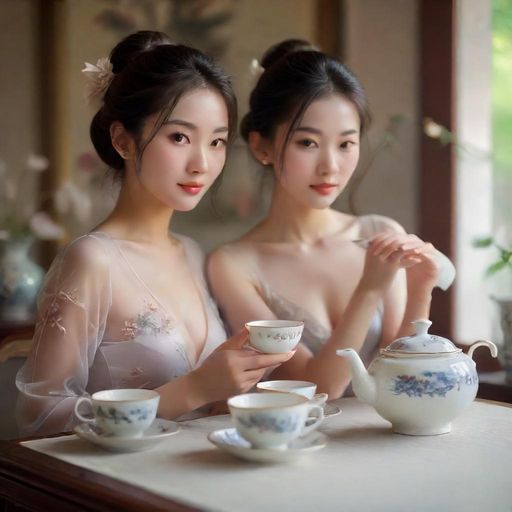 一套精致的茶具和茶杯特写，背景虚化，营造唯美意境