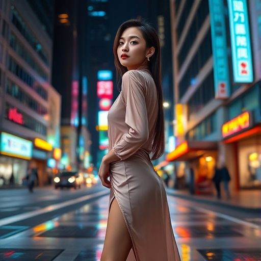 商务模特陪游城市夜景实拍图