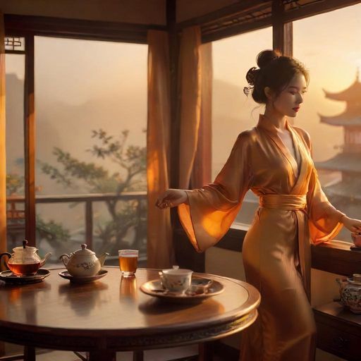 窗边茶桌与夕阳美景