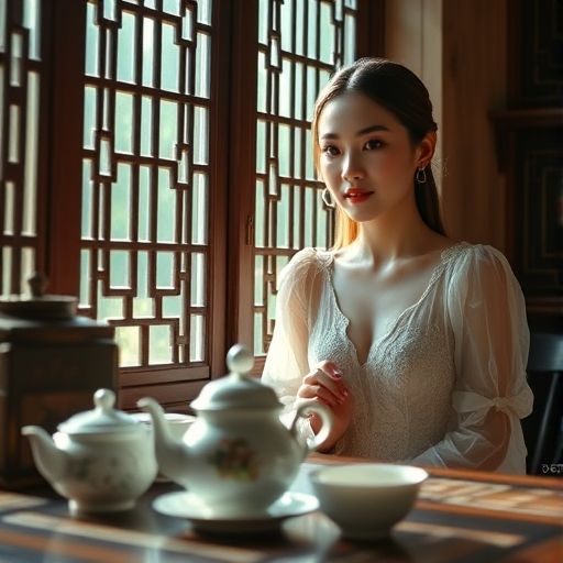 茶室窗边茶具静谧一隅