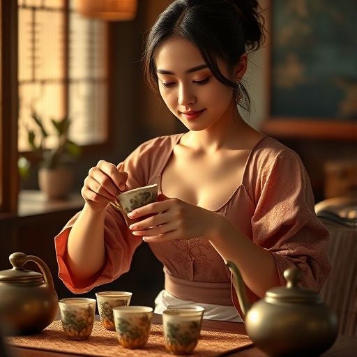 茶艺师手持茶壶，专注泡茶