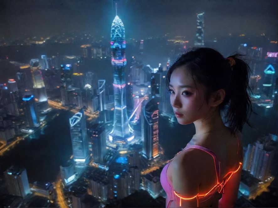 深圳城市夜景，高楼林立，灯火璀璨，充满都市活力