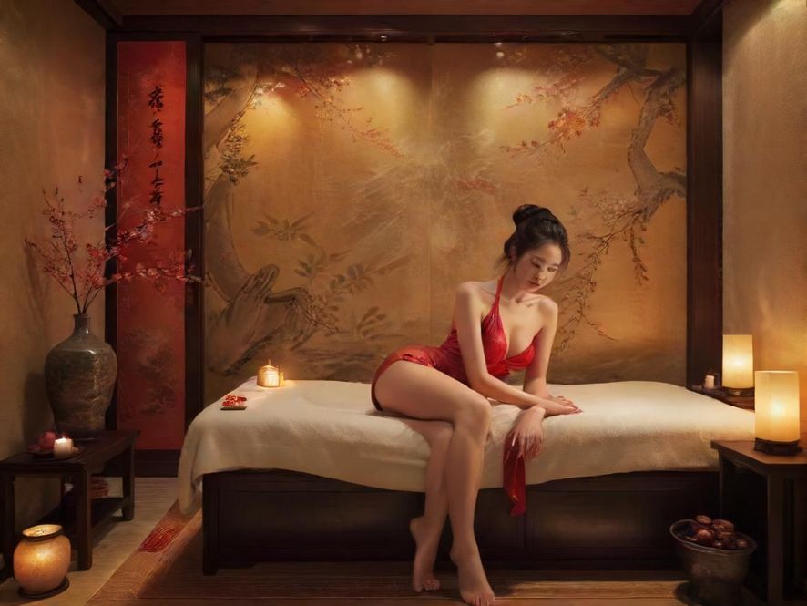 一间充满东方韵味和柔和灯光的舒适足疗包厢，营造出极致的静谧放松氛围。