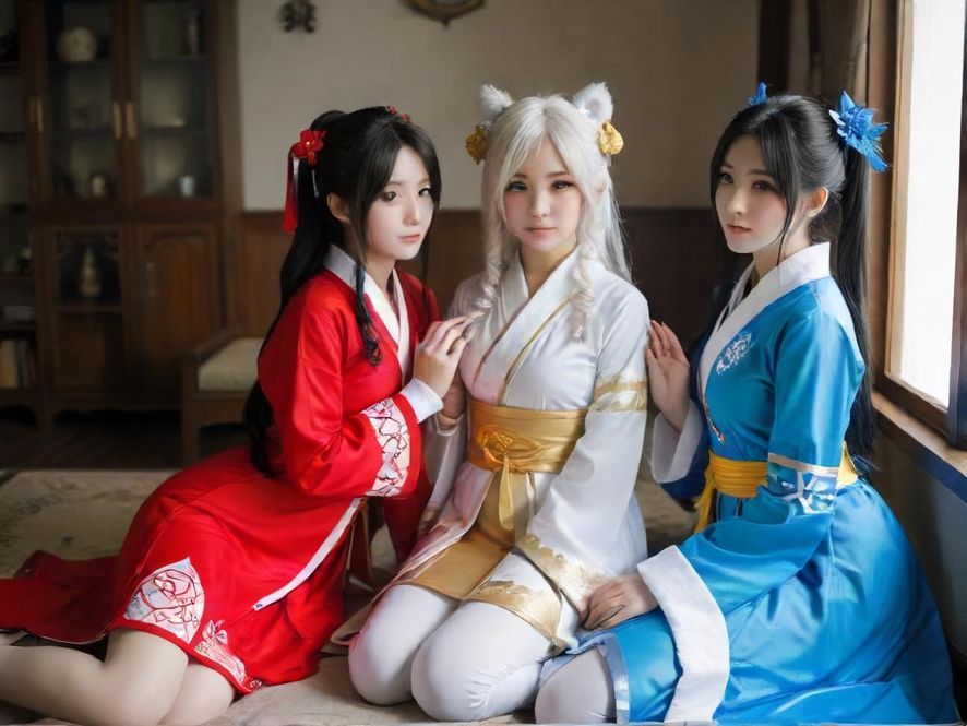 一位身着日系Cosplay服装的少女，在一个布置温馨、光线柔和的公寓卧室里，营造出舒适且私密的居家氛围。