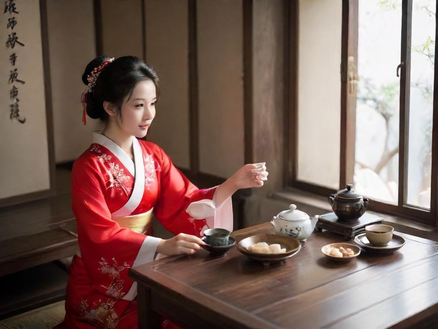 一位优雅的茶艺师在私密包厢内准备茶点，氛围温馨