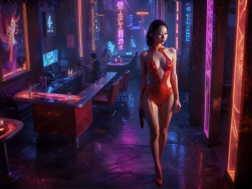 奢华现代的夜场会所大厅，霓虹灯光璀璨