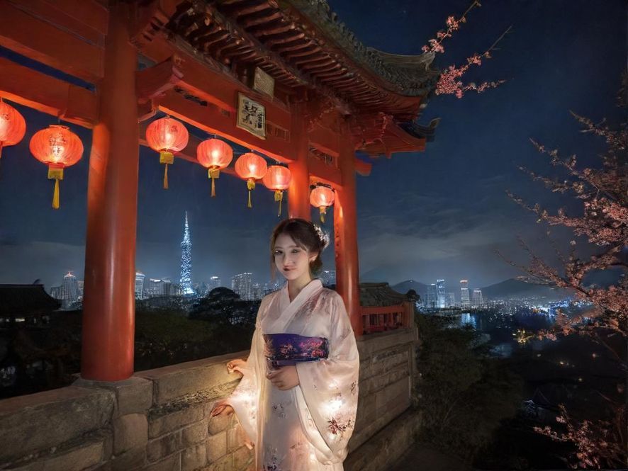 都市夜景，俯瞰视角下的城市天际线，霓虹灯光璀璨，象征着都市夜生活的开始。