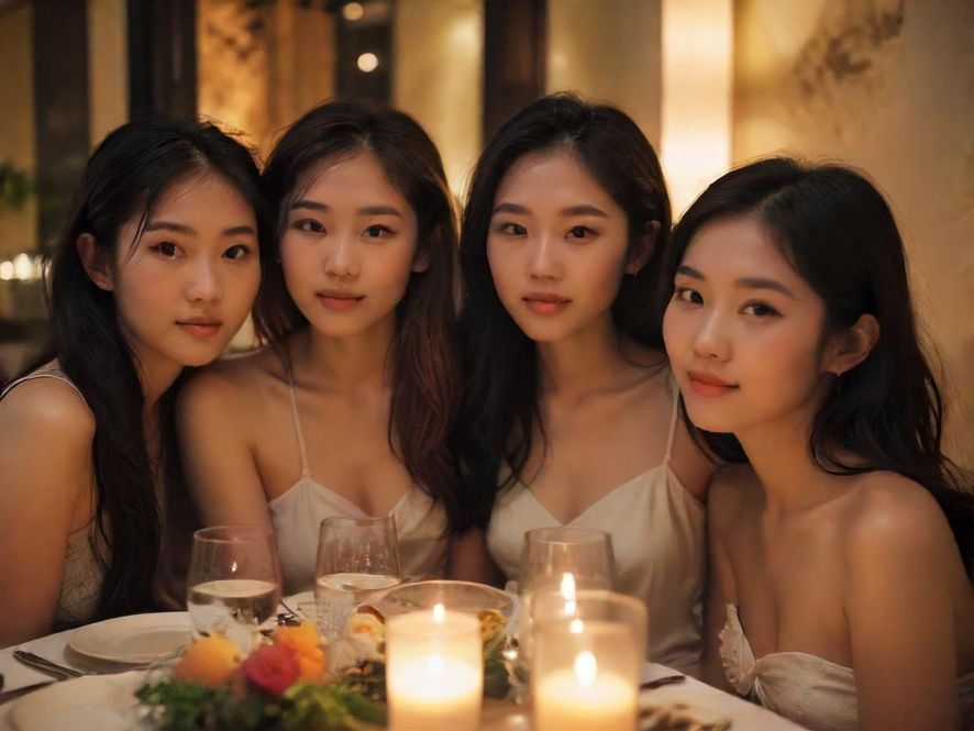 一群朋友在充满艺术气息的餐厅里，享受美食与愉快的交谈