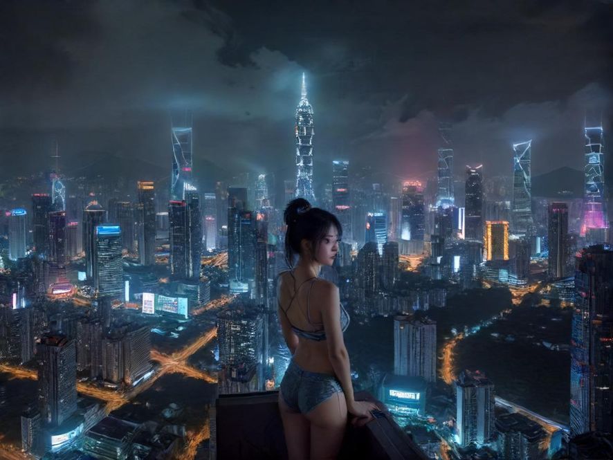深圳夜景 繁华都市 俯瞰视角 赛博朋克风格