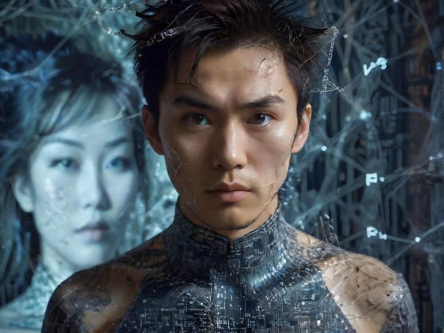 一个男人坐在电脑前，屏幕上显示着密密麻麻、真假难辨的网站链接，他表情困惑而疲惫。