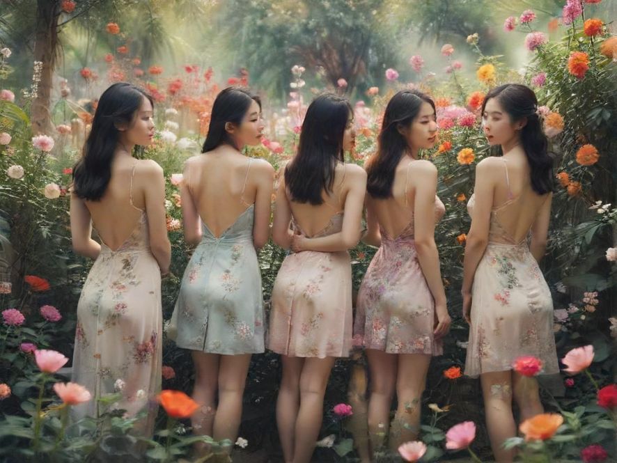 年轻女性背影在花丛中