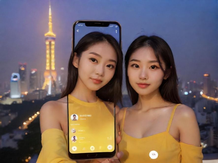 一个时尚的年轻人正在浏览手机上的约会App界面，背景是模糊的广州城市风光