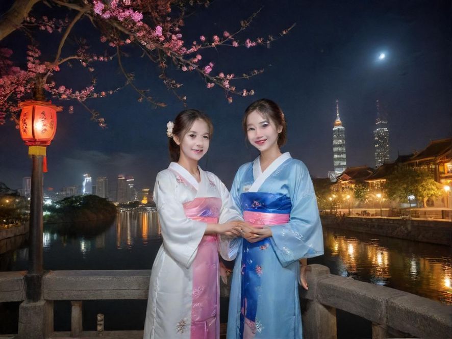 夜幕下的城市小巷，灯光朦胧，远处是娱乐场所的入口
