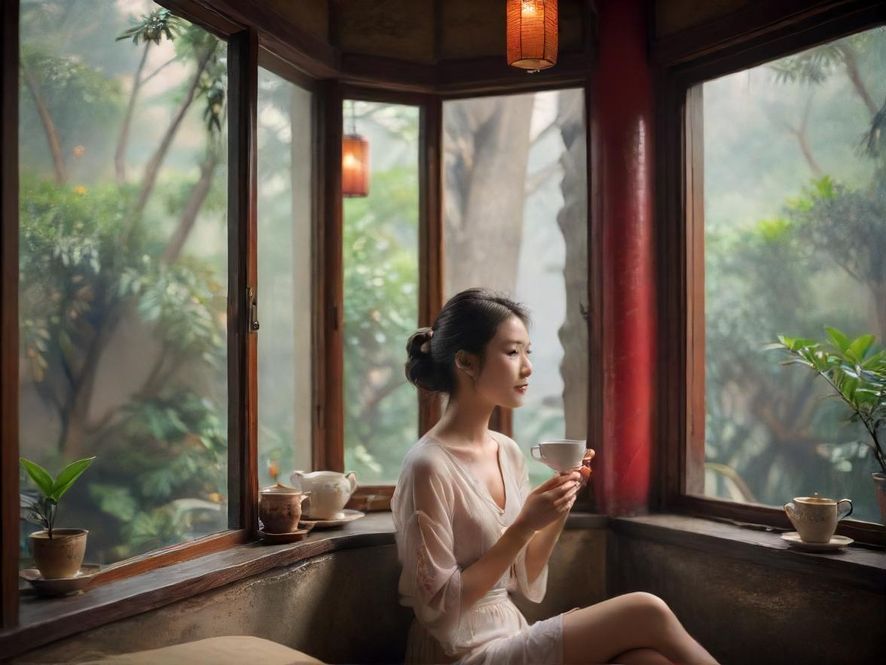 广州喝茶美女唯美场景