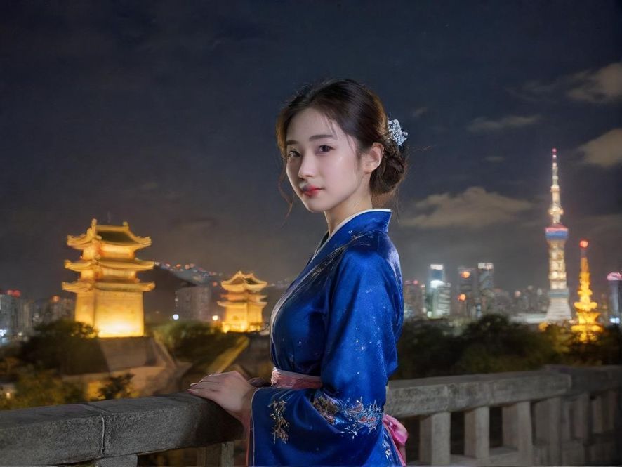 一位男士在夜晚的罗湖街头查看手机，背景是模糊的城市霓虹灯