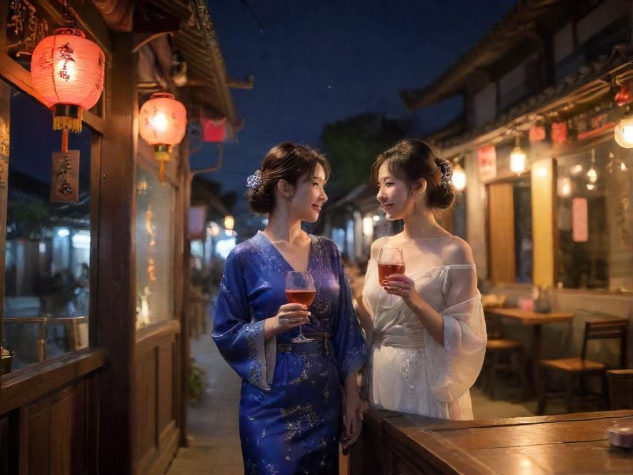 广州夜晚的城市天际线和私人会所露台