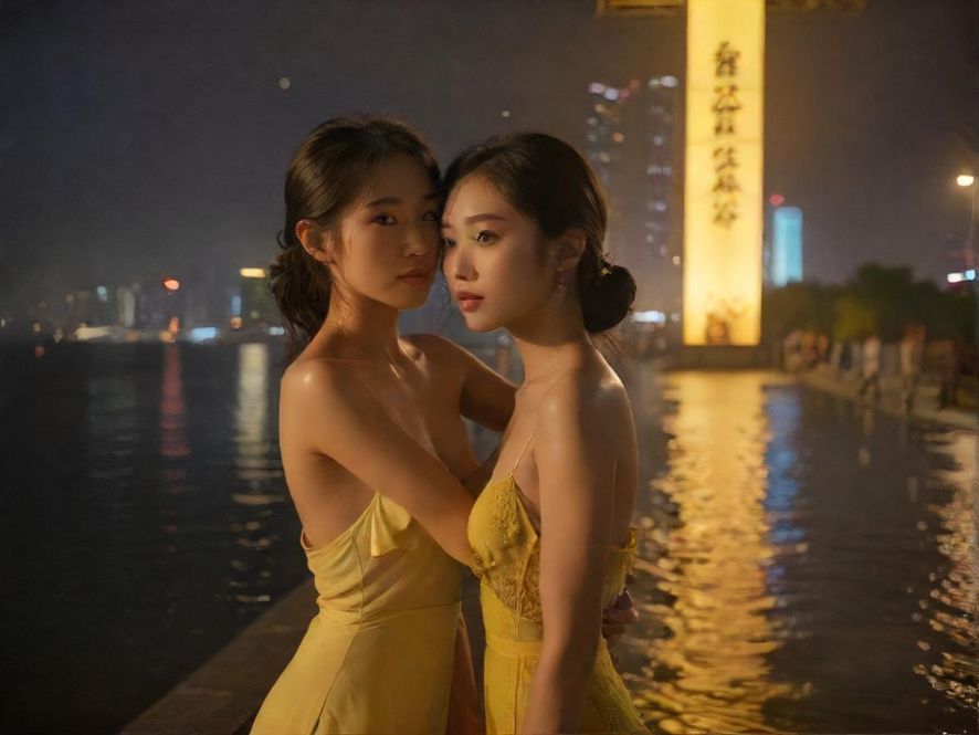 一对年轻情侣在广州珠江边享受浪漫的夜景约会