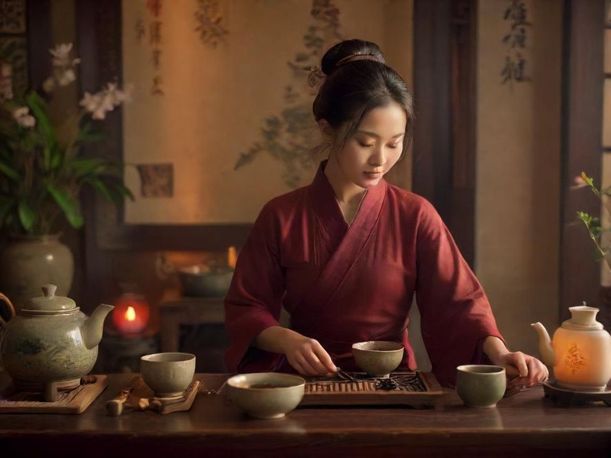 休闲会所内部，茶艺师泡茶，近景特写，温暖灯光