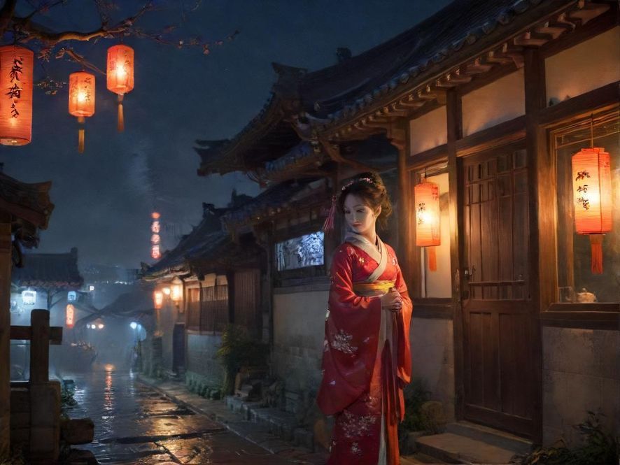 夜色下的城市街道，灯光朦胧