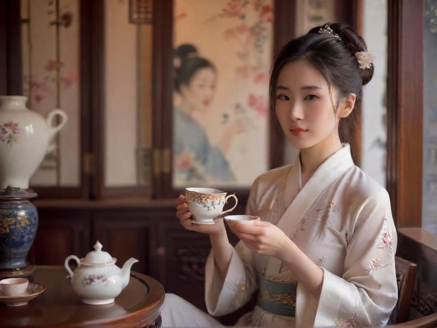 一只手温柔地持着茶杯，背景是柔和光线下的茶室一角，氛围宁静