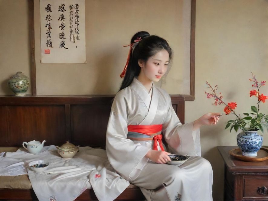 一位气质优雅的女士在广州百花丛内品茗，背景模糊，突出人物的宁静与美好。