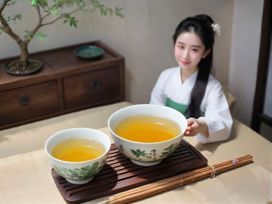 一位女士在广州白云区雅致茶馆中品茶的特写照片