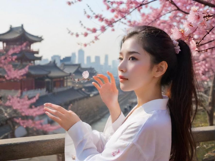 一位女性在广州的街头巷尾,专注地查看手机上的信息,仿佛在探索城市的某个隐秘角落,背景是充满生活气息的街景。