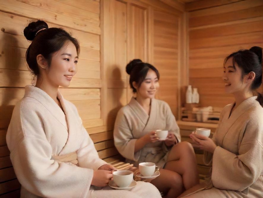 朋友们在桑拿会所休息区，温馨惬意地品茶聊天