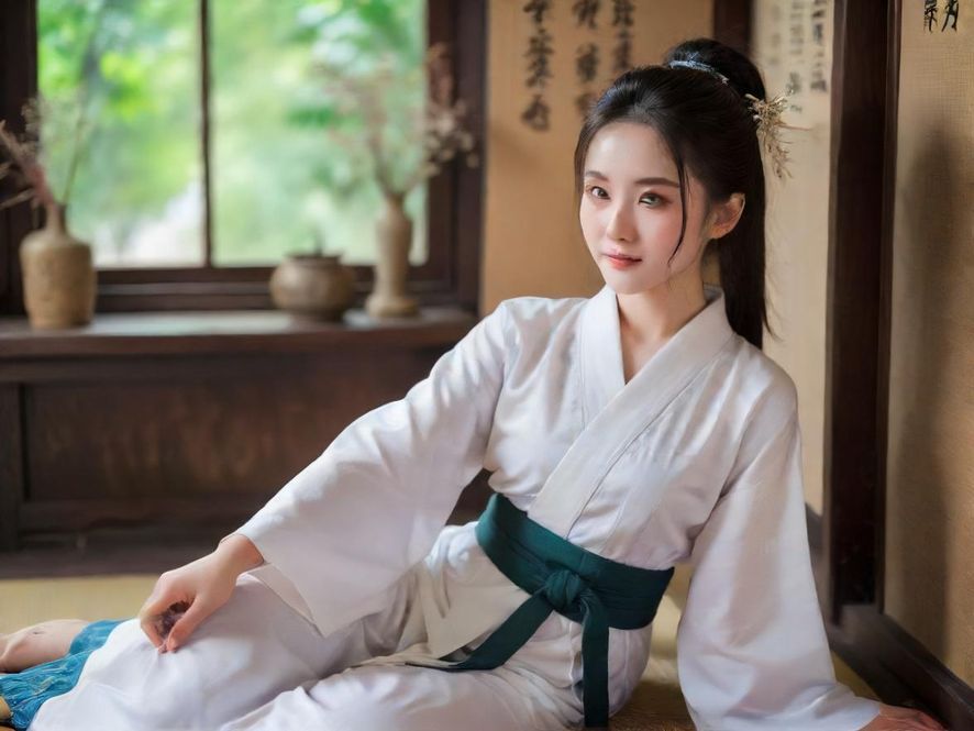 一位优雅女性,姿态放松地坐在落地窗前,手持精致茶杯,神情宁静而满足。