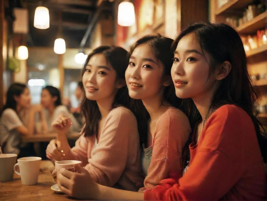 一群年轻人在咖啡馆里轻松交流，他们脸上洋溢着自然的笑容，氛围温馨而充满活力。