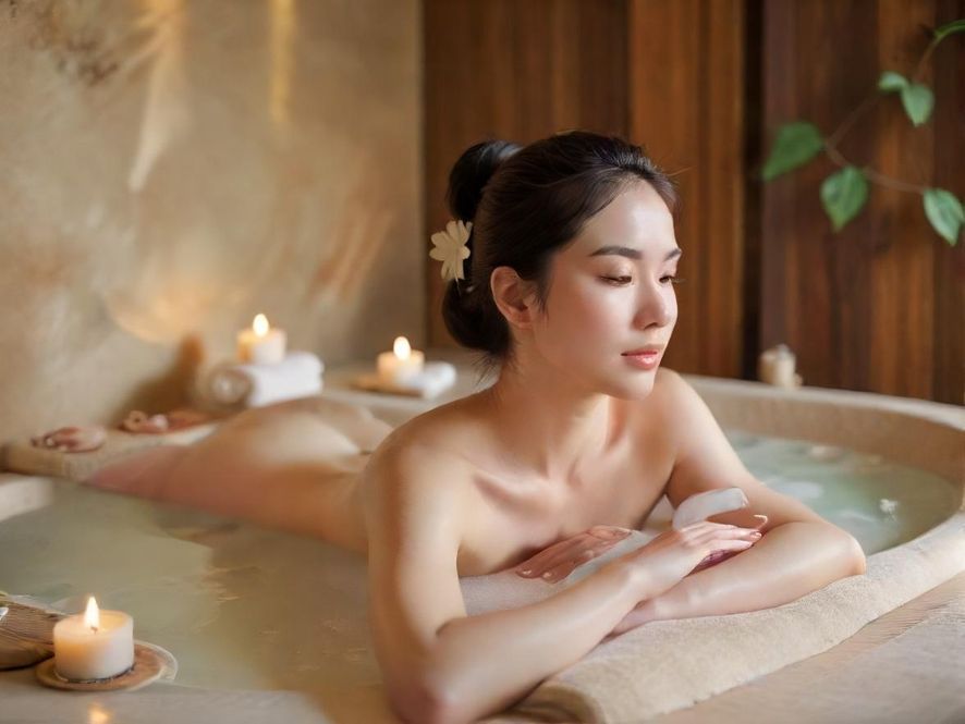 顾客在宁静的SPA房间享受专业按摩，面部表情放松