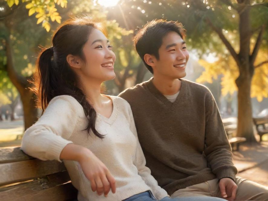一对年轻情侣坐在洒满阳光的公园长椅上，相视而笑，画面充满了温馨和浪漫。