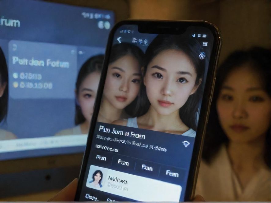 夜蒲君论坛界面，手机屏幕上的信息流，背景是略显昏暗的房间，营造出探索秘密的氛围。