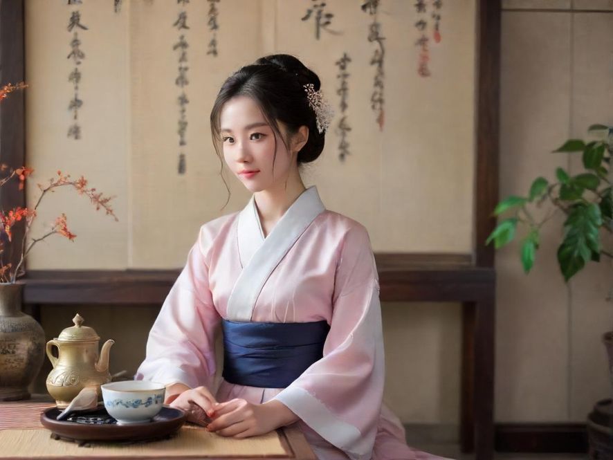 一位优雅的女士，身着精致服饰，手持精致茶杯，正在细细品味香茗，背景虚化，营造出宁静而高级的氛围。