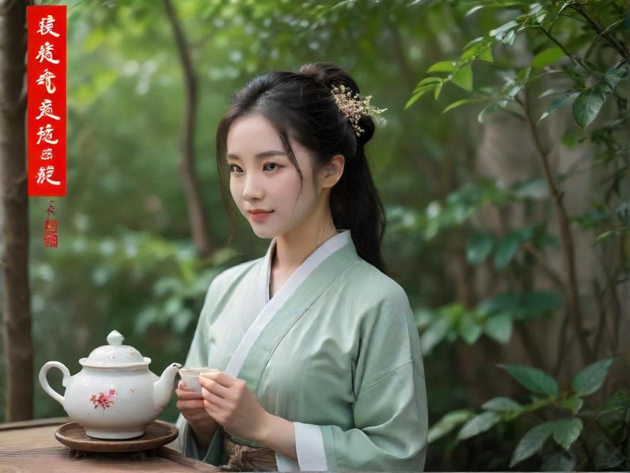 一位气质优雅的女性，身着素雅服饰，半身特写镜头下，双手捧着茶杯，眼神专注而放松，背景是绿植环绕、光线柔和的私密茶室空间。