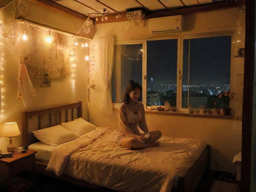 一位女子在深夜的卧室里,手机屏幕的光线柔和地照亮她的脸庞,她似乎在寻找着什么,表情略带一丝疲惫和期待。