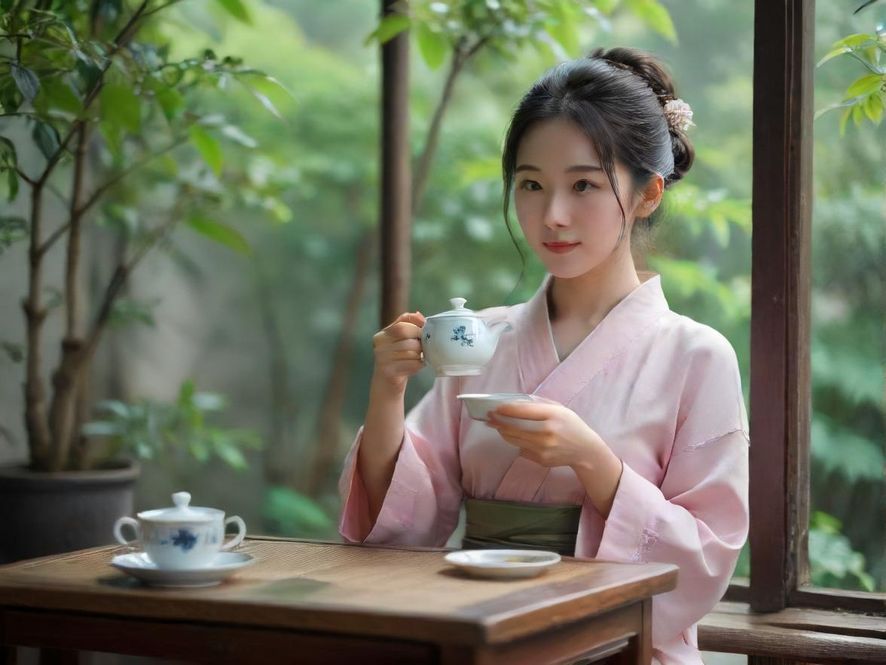 一位气质优雅的女性手持茶杯，在温馨的茶室中品茗，光线柔和，氛围宁静