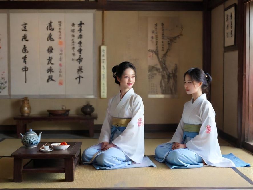 一位气质优雅的广州佳丽在茶室中静坐，眼神温柔，笑容浅浅，背景是古色古香的茶具和窗外朦胧的夜景。