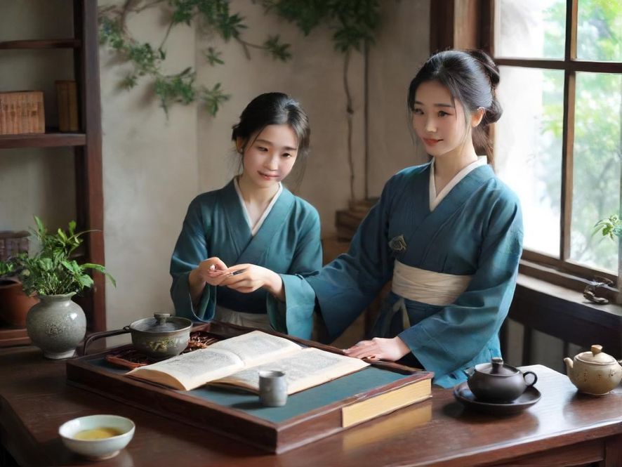 一位身着雅致服装的女子在光线柔和的茶室中,轻柔地举起茶杯品茗,展现东方韵味。