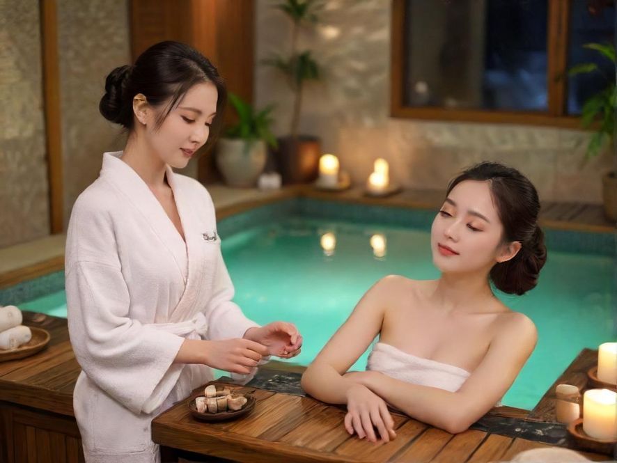 一张照片展示了一位女性在广州一家静谧SPA会所享受专业按摩服务,柔和的光线聚焦在她的脸上,营造出极度放松和安宁的氛围。